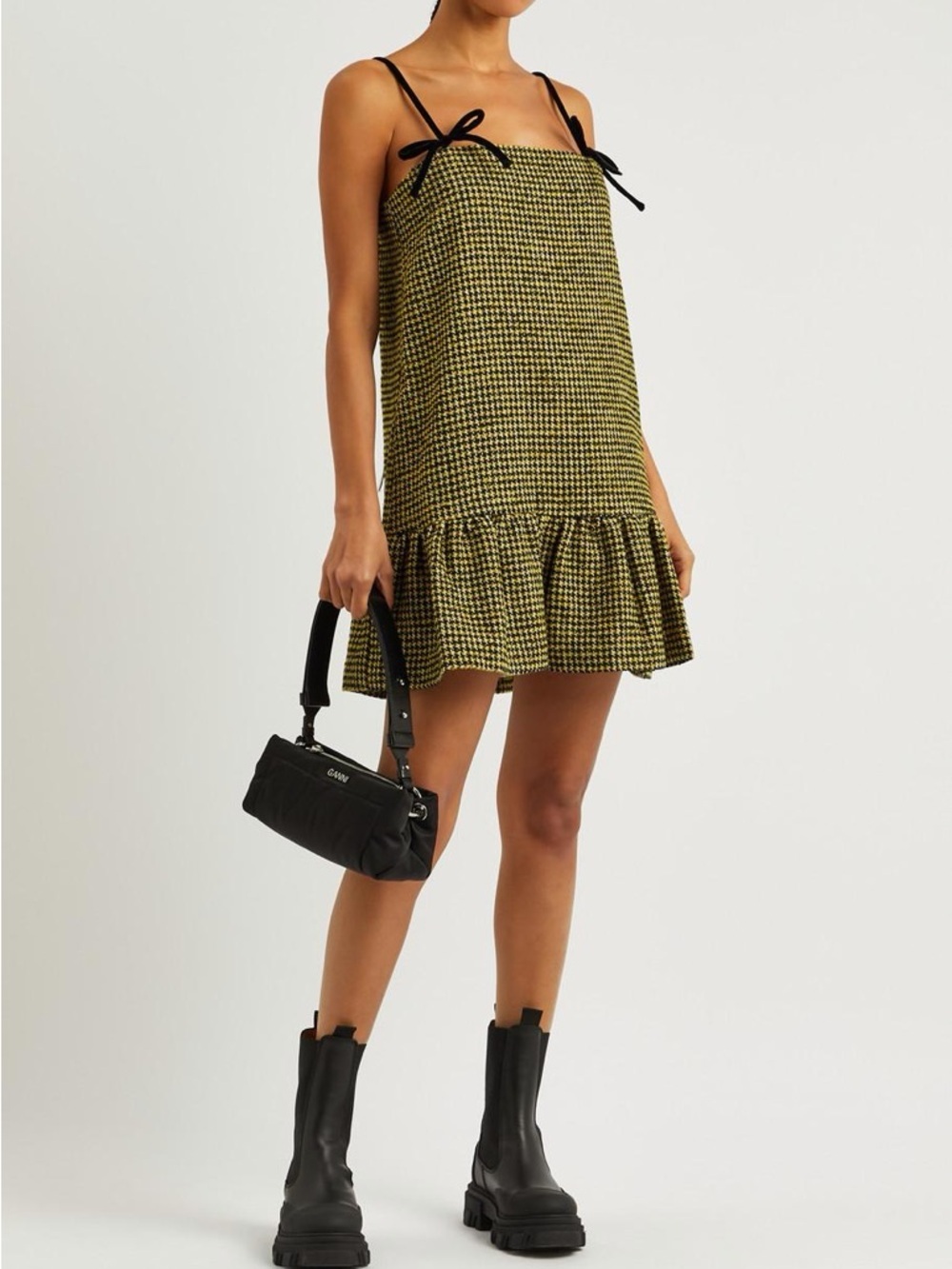 Ganni Houndstooth Mini Dress with Black Bow Straps